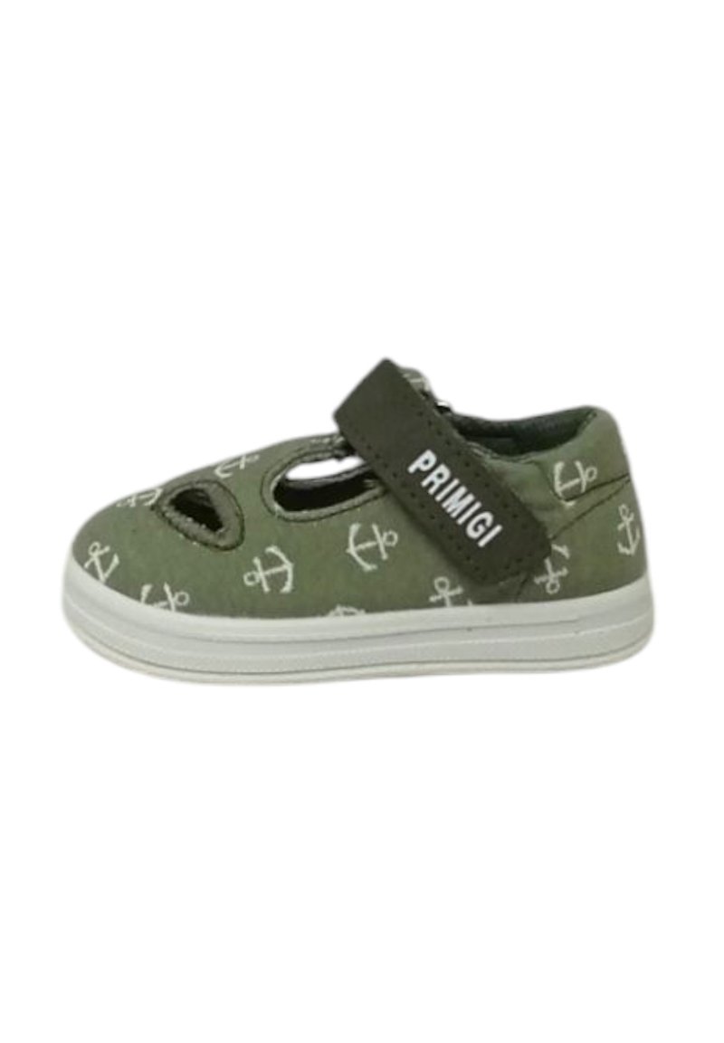 Scarpa in tessuto verde con motivi di ancore bianche, design con ritagli e una cinghia in velcro. Presenta una suola in gomma bianca per una maggiore aderenza.