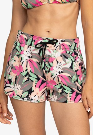 Shorts de bain colorés avec un motif floral en rose, vert et noir, dotés d'une taille élastique et d'un cordon de serrage.