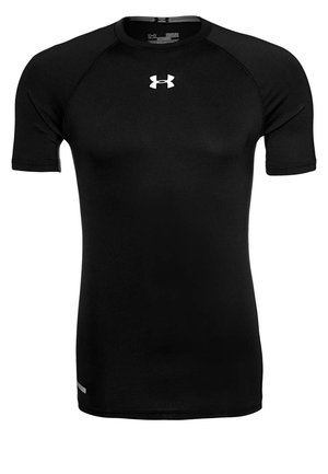 T-shirt de compression athlétique noir à manches courtes avec logo blanc Under Armour centré sur la poitrine.