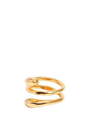 Anillo de tono dorado en espiral con bordes lisos y redondeados, y dos acentos bulbosos. Hecho de metal con un acabado pulido y un diseño flexible.