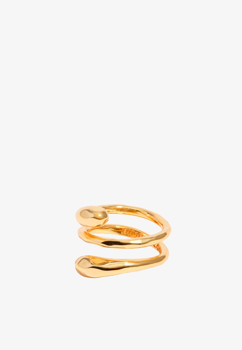 Anello spiralato in tonalità oro con bordi lisci e arrotondati e due dettagli bombati. Realizzato in metallo con una finitura lucida e un design flessibile.