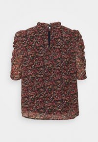 Bluzka w kwiatowy wzór w odcieniach ciemnoczerwieni, pomarańczu i zieleni, z bufkami na krótkich rękawach, wysokim karbowanym kołnierzem i zapięciem na guzik z tyłu z wycięciem.