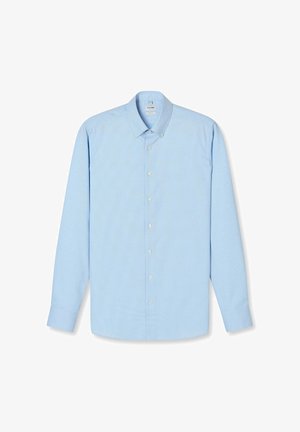 Lichtblauw heren overhemd met lange mouwen, knoopsluiting en een kraag met knopen, en witte knopen aan de voorkant.