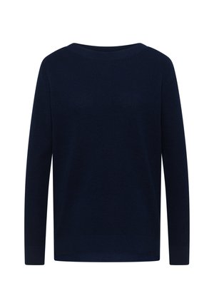 Suéter liso de manga larga en azul marino con cuello redondo, textura de punto fino y puños y dobladillo acanalados.