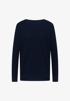 Suéter liso de manga larga en azul marino con cuello redondo, textura de punto fino y puños y dobladillo acanalados.