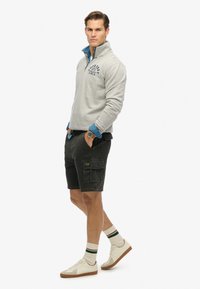 Pullover grigio chiaro in pile con zip a quattro quarti e logo blu, abbinato a pantaloni cargo scuri, sneakers bianche e calzini con motivi a righe.