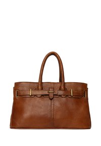 Borsa a mano in pelle marrone con due manici robusti, forma rettangolare ampia, dettagli scallopati e accessori in tonalità oro.
