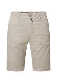 Beige katoenen shorts met een vlakke voorkant, vier zakken, een knoopsluiting en een tonale logosticker op de tailleband. Soepele textuur, knielang.