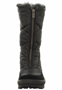 Botas aislantes negras con un diseño acolchado, que presentan un cierre metálico y un acabado de piel sintética en la parte superior. Suela de goma para mayor tracción.