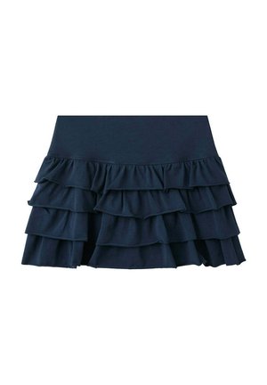 Jupe à volants superposés bleu marine avec une large ceinture et quatre volants en couches, présentée à plat sur fond blanc.