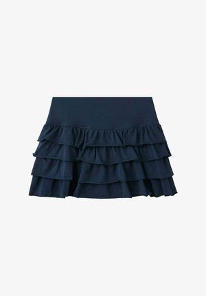 Gonna a balze a più strati blu navy con una fascia larga in vita e quattro strati di volant, mostrata piatta su sfondo bianco.