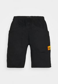 Černé šortky vyrobené z odolné tkaniny s elastickým pasem, které mají dvě přední kapsy a žlutou nášivku loga na boku.