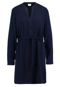 Robe bleu marine à manches longues, avec un décolleté en V et une taille à cordon. Fabriquée en tissu léger au toucher doux, sans motifs.