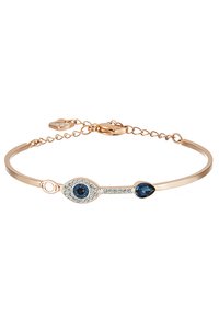 Rose gold bracelet featuring a central eye design with a blue gemstone, surrounded by clear faux crystals. Adjustable chain clasp.