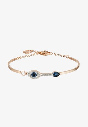 Armband i roséguld med en central ö-design prydd med en blå ädelsten, omgiven av klara faux-kristaller. Justerbar kedjespänne.