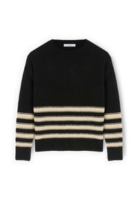 Maglione nero a maglia con scollo rotondo, caratterizzato da strisce orizzontali crema e nere sulle maniche e sul corpo. Tessuto strutturato.