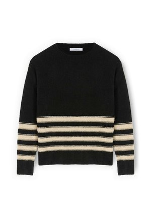 Zwarte gebreide trui met een ronde hals, met horizontale crèmekleurige en zwarte strepen op de mouwen en het lijf. Getextureerde stof.