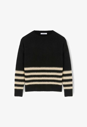 Sort strikket sweater med rund hals, der har vandrette creme- og sorte striber på ærmer og krop. Tekstureret stof.