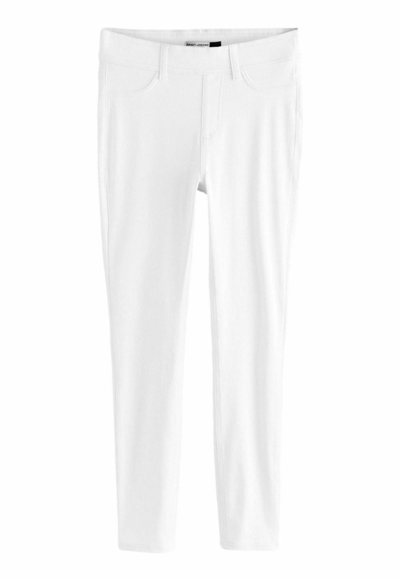 Biele slim-fit nohavice vyrobené z džersejového materiálu. Majú päť-pocket dizajn, hladkú štruktúru a štandardný pás bez pútok na opasok.