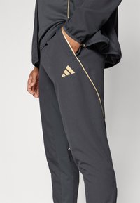 Træningsbukser i mørkegråt stof, med en guld accentstribe og et broderet logo på lommen. Glat tekstur, atletisk pasform.