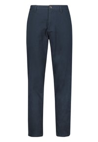 Pantaloni blu realizzati in cotone, con design a gamba dritta, bottone frontale e passanti per la cintura, texture liscia senza pattern.