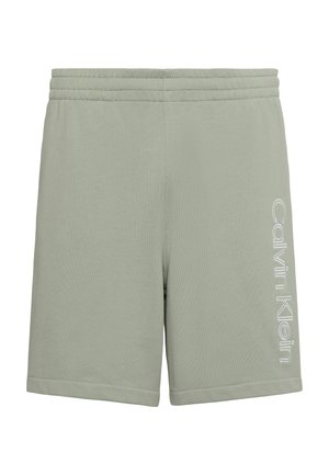 Shorts décontractés vert clair avec taille élastique et logo vertical blanc Calvin Klein sur la jambe droite.