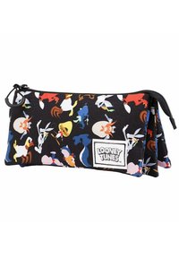 Estuche para lápices negro con cremallera que presenta coloridos personajes de Looney Tunes. Fabricado con material duradero y cuenta con un parche de logo prominente en el lateral.