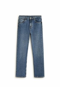 Jeans in denim blu classico con taglio dritto, cinque tasche e finitura sbiadita. Presentano una cintura robusta e dettagli di cucitura minimi.
