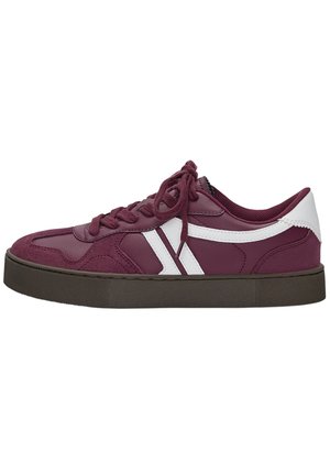Low-top maroon sneaker with white side stripes, maroon laces, and thick black rubber sole, shown from the outer side.