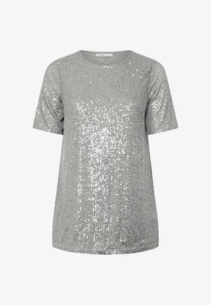 Silbernes Kurzarm-T-Shirt, das mit Pailletten bedeckt ist, mit einem Rundhalsausschnitt. Der Stoff hat eine glatte Textur und eine glänzende Oberfläche.