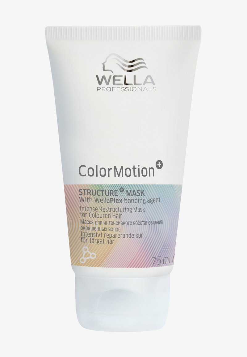 Weißer Quetschtube mit einem durchsichtigen Deckel, versehen mit einem mehrfarbigen Verlaufslabel. Der Text beinhaltet "Wella Professionals" und "ColorMotion+ Strukturmaske."