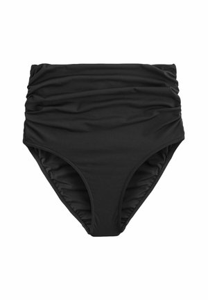 Czarny, wysoki dół bikini z marszczonym, teksturowanym materiałem, charakteryzujący się bezszwowym wzornictwem i gładkimi brzegami dla wygody.