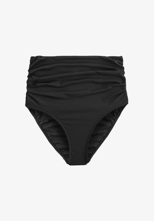 Čierne bikiny s vysokým pásom, vyrobené z textúrovanej látky so zberaním, s bezšvovým dizajnom a hladkými okrajmi pre pohodlie.