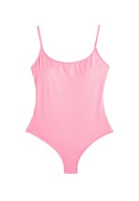 Roze badpak van soepel materiaal, met dunne spaghetti-bandjes, een ronde halslijn en een hoog uitgesneden beenontwerp.