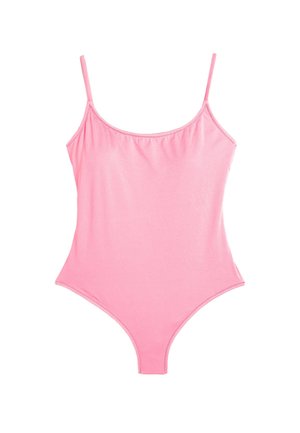 Roze badpak van soepel materiaal, met dunne spaghetti-bandjes, een ronde halslijn en een hoog uitgesneden beenontwerp.