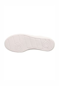 Biała gumowa podeszwa buta z teksturowanymi wzorami, okrągłymi akcentami i poziomymi rowkami zapewniającymi przyczepność.