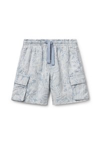 Pantaloni cargo azzurri chiari con motivo di foglie tropicali bianche, vita elastica con cordoncino e due tasche laterali.
