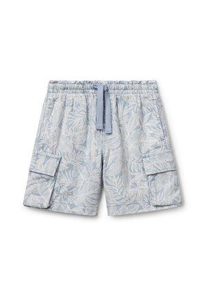 Lichtblauwe cargoshorts met een wit tropisch bladerenpatroon, elastische tailleband met trekkoord en twee zijzakken.