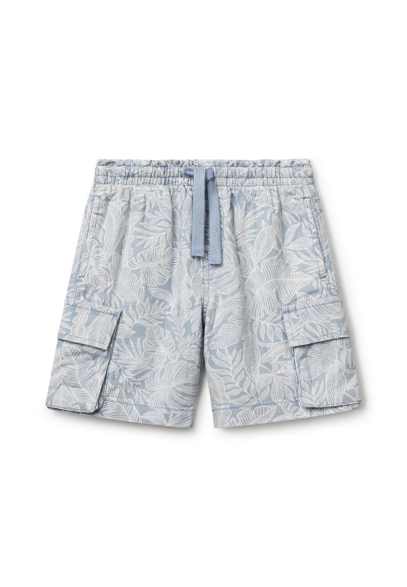 Pantaloni cargo azzurri chiari con motivo di foglie tropicali bianche, vita elastica con cordoncino e due tasche laterali.
