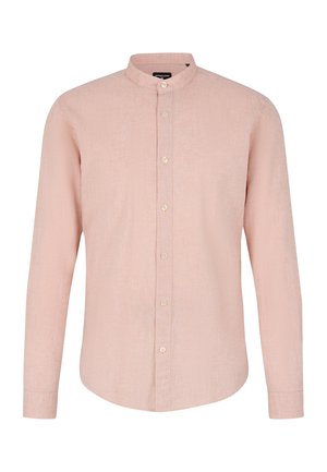 Langsleeve shirt in lichtroze stof met een gestructureerde afwerking, voorzien van een mandarin kraag en een knoopsluiting aan de voorkant.