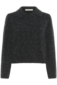Pull en laine gris foncé avec un col classique, des manches longues et une patte de boutonnage à cinq boutons, présentant une finition douce et texturée.