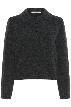Dark gray wool pullover with a classic collar, long sleeves, and a five-button placket, featuring a soft, textured finish.