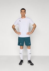 Witte korte mouwen jersey met zwart logo, turquoise shorts met nummer 1 en logo, witte sokken en zwarte sportschoenen.