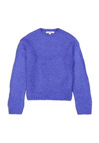 Lila gestrickter Pullover mit langen Ärmeln, Rundhalskragen, geripptem Saum und strukturiertem Stoff, der ein lockeres, grobmaschiges Design präsentiert.