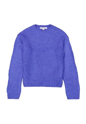 Paarse gebreide trui met lange mouwen, ronde halslijn, geribde zoom en een textiel dat een losse, chunky brei-design laat zien.