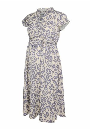 Midi-jurk met korte mouwen, paars abstract bloemenpatroon, V-hals en tailleceintuur op een licht crèmekleurige achtergrond.