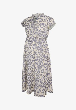 Sukienka midi z krótkim rękawem, z fioletowym, abstrakcyjnym kwiatowym wzorem, dekoltem w kształcie litery V i wiązaniem w talii na jasnokremowym tle.