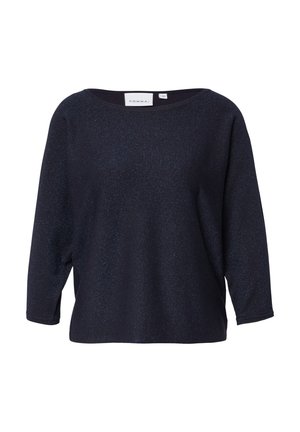 Navy blue long-sleeve boat neck sweater with subtle shimmer, relaxed fit, and Comma brand label inside the neckline.