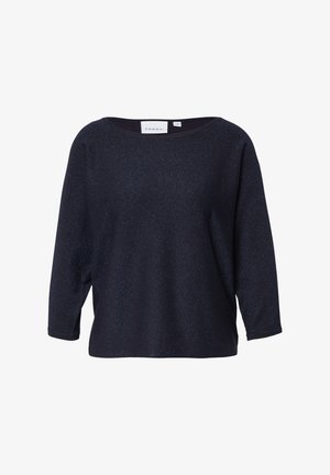 Pull à manches longues bleu marine avec col bateau, léger scintillement subtil, coupe décontractée, et étiquette de la marque Comma à l'intérieur du col.
