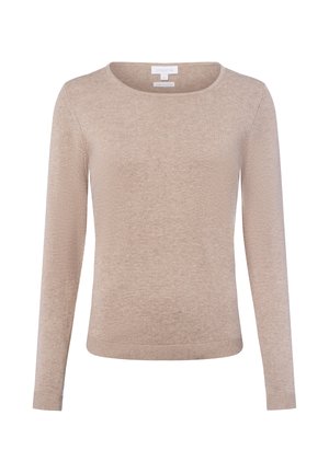 Beige Pullover mit langen Ärmeln, runder Ausschnitt, weichem Material, gerippten Bündchen und Saum sowie einem glatten, minimalistischen Design.